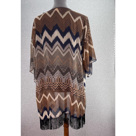 Lularoe Monroe Duster Kimono Womens Size Large Boho Brown Multi with Fringe - Picture 4 of 8